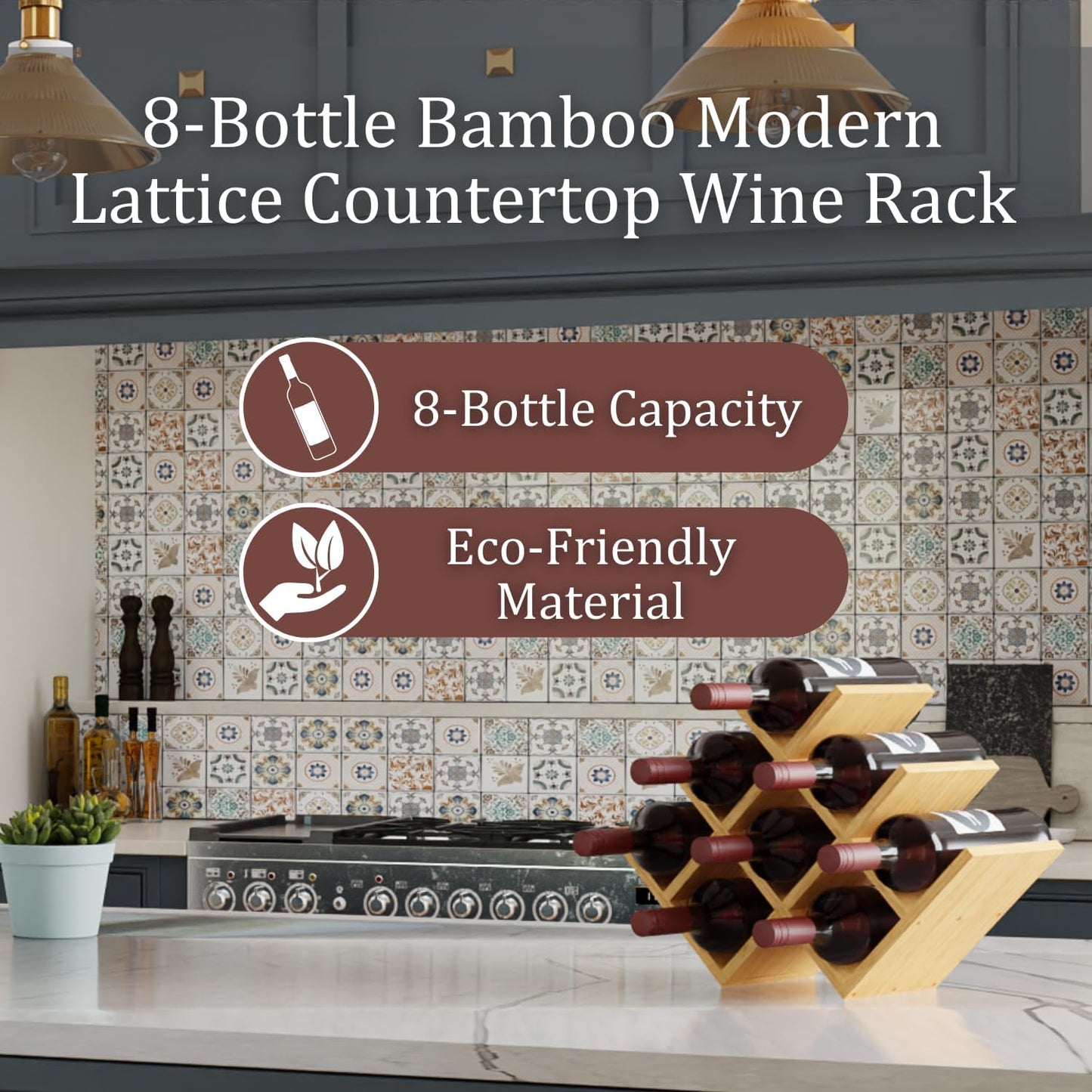 8 Bottle Bamboo Small Wine Rack for Countertop, No Tools Assembly, Modern Lattice Design, Durable, Wine and Liquor Bottle Storage for Small Spaces