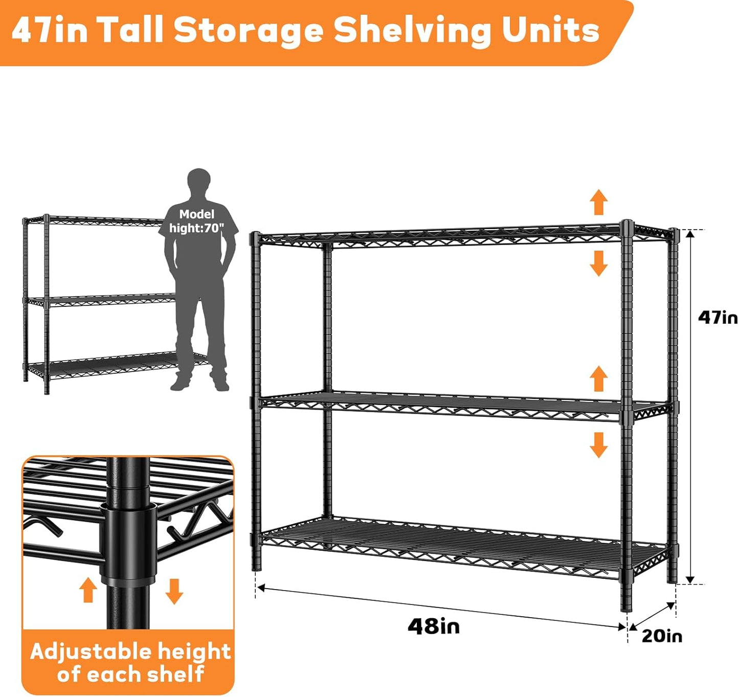 Storage Shelves Heavy Duty, 48" W x 20" D x 47" H Garage Wire Shelving Unit Loads 1200LBS, 3-Tier Adjustable Metal Industrial Utility Shelf Rack for Kitchen, Laundry Room, Pantry, Warehouse, Basement