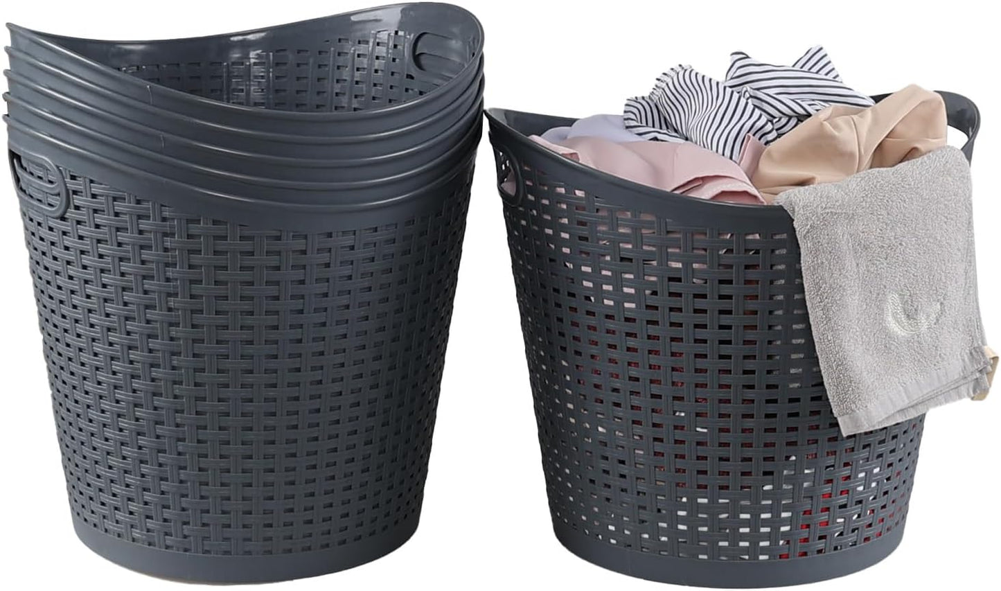 6 Packs 30 Liter Round Plastic Laundry Baskets, Grey Clothes Hamper, Large Basket for Storage