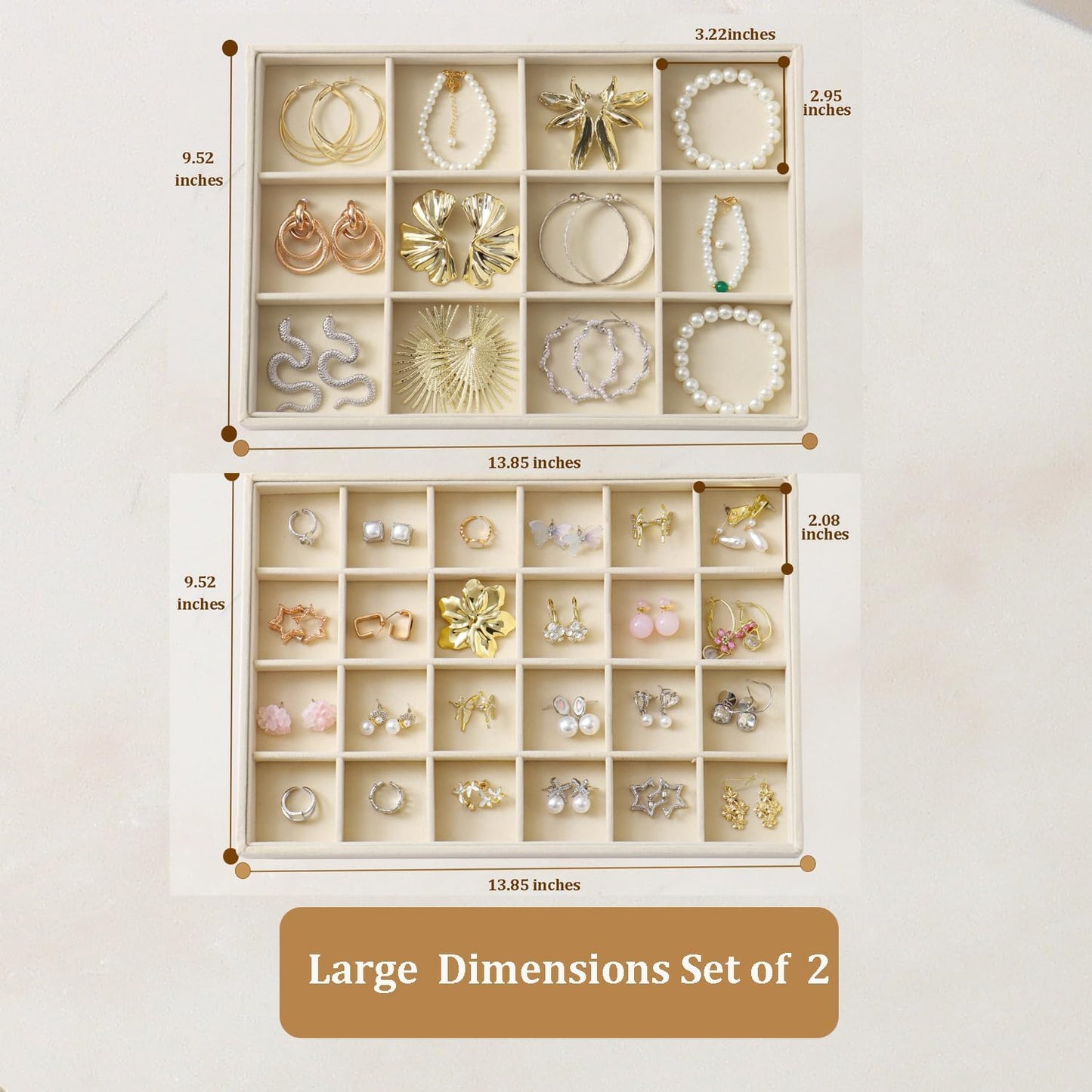 Large Velvet Jewelry Tray 2 Pack Stackable Jewelry Display Drawer Inserts Trays Organizer for Earring Bracelet Necklace Ring (Beige, 12 Grids+24 Grids)