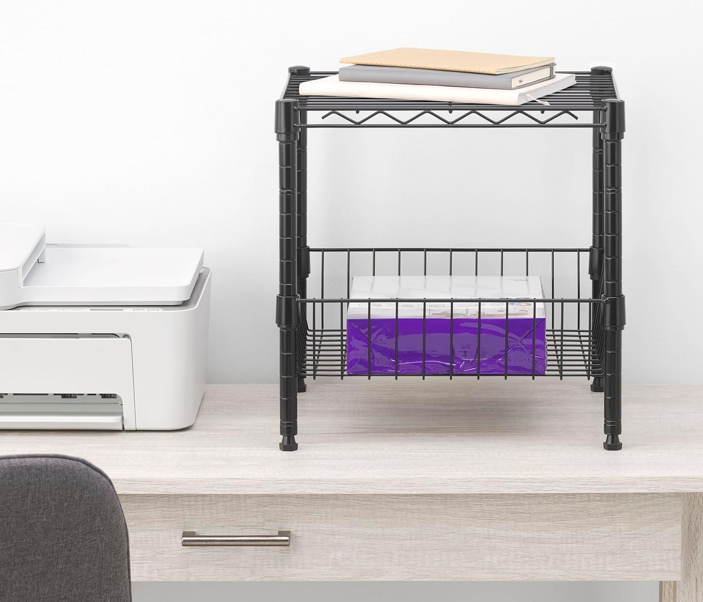 Whitmor 2 Tier Metal Storage Shelves, Heavy Duty Shelf with Basket, 350 lbs Capacity per Shelf, 700 lbs Total, Home Organizer for Kitchen, Garage, Bathroom, 15" L x 14" W x 15" H, Black