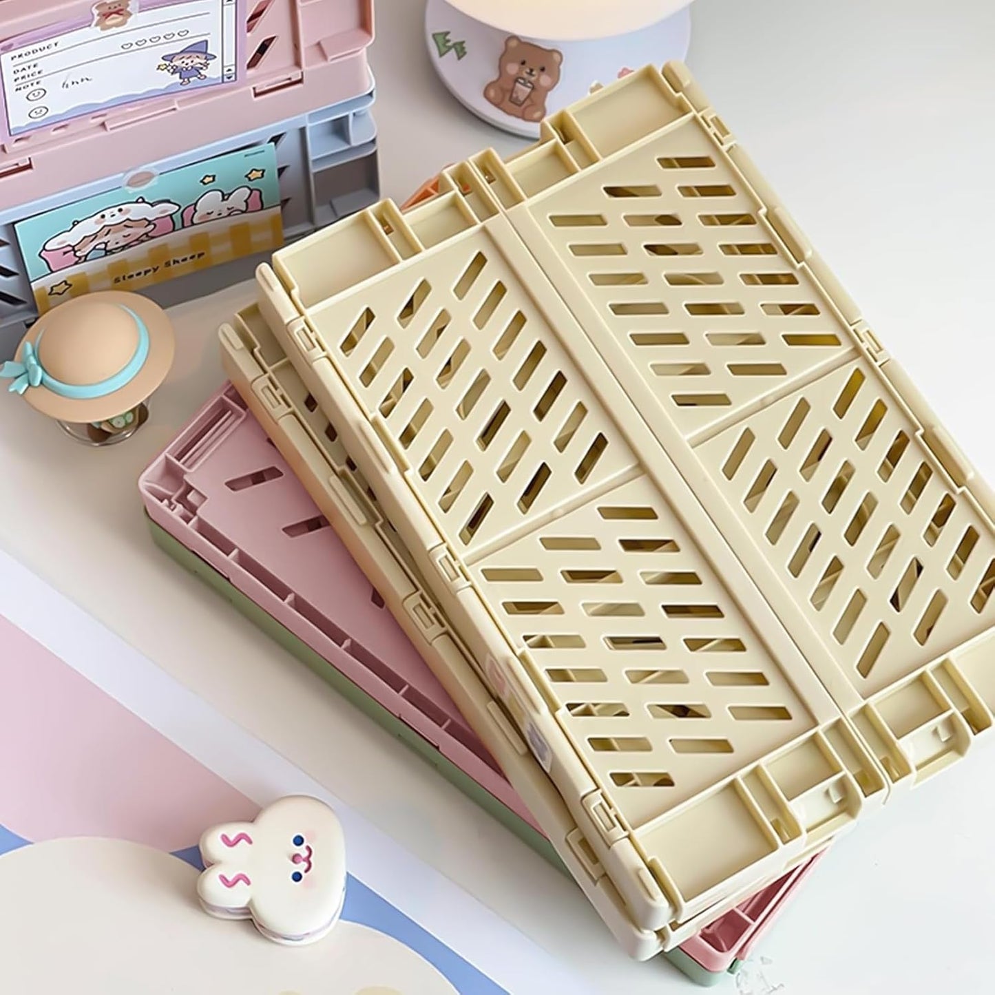 Small Pastel Plastic Storage Bins 2Pcs Foldable Pastel Crates Plastic Basket Colorful Storage Containers Baskets for Classroom Kitchen Office Bedroom Desktop Home Decor (White 9.8" x 6.5" x 3.8")