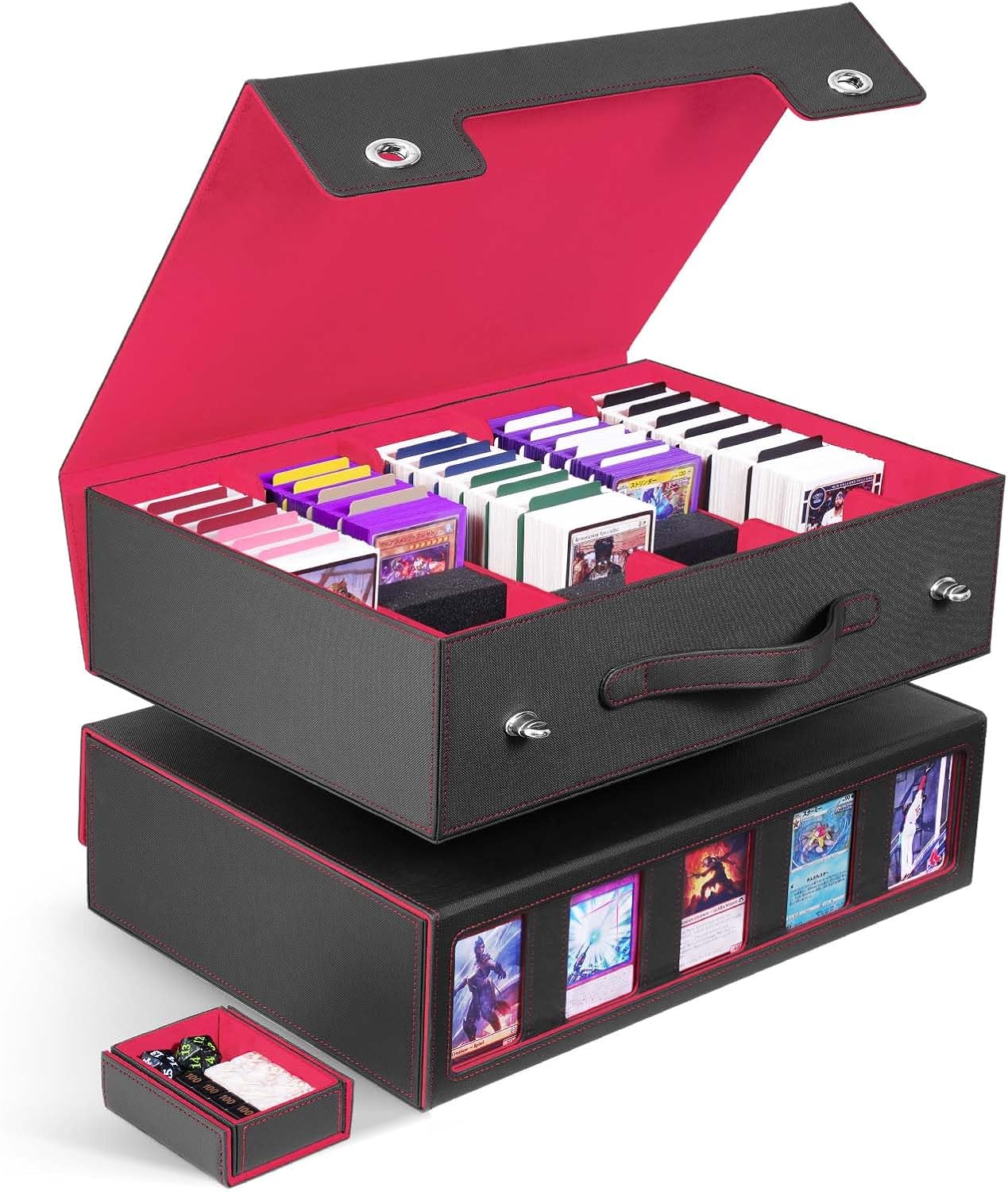 ZLCA Trading Card Storage Box 5-Row with Handle, MTG Storage Box Holds 3900+ Cards with Commander Display, Top Loaders Organizer Case for TCG PTCG Sport Card(Black&Red)