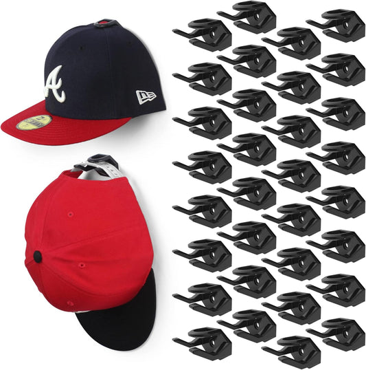 Modern JP Adhesive Hat Hooks for Wall (32-Pack) - Hat Rack for Baseball Caps, Minimalist Hat Display, Strong Hold Hat Hangers for Wall - USA Patented, Black