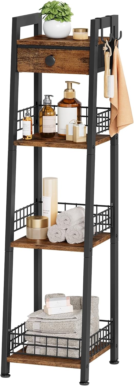4-Tier Narrow Bathroom Table Ladder Shelf with Drawer, Bathroom Stand Floor Storage Shelf, Freestanding Tower Shelf Ladder -Rustic Brown.