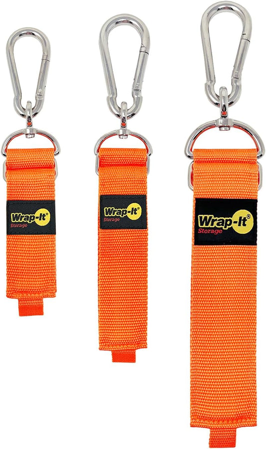 Hook 'n Hang Wrap-It Storage Straps - Assorted 3-Pack Blaze Orange - Heavy Duty Straps for Cord Storage or Garden Hose Organization