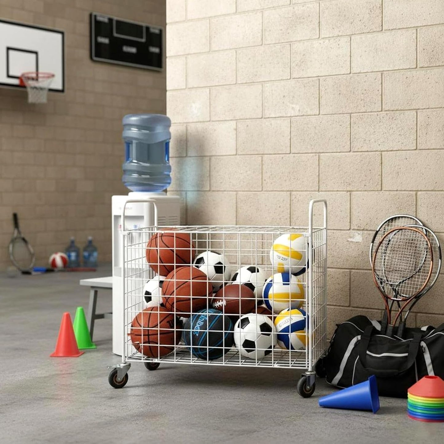 MyGift Professional Gym Metal Multi Sports Ball Storage Cart with Jumbo Industrial Wheels, Commercial Grade Portable Equipment Locker Cage for Basketball, Football, Soccer, Volleyball