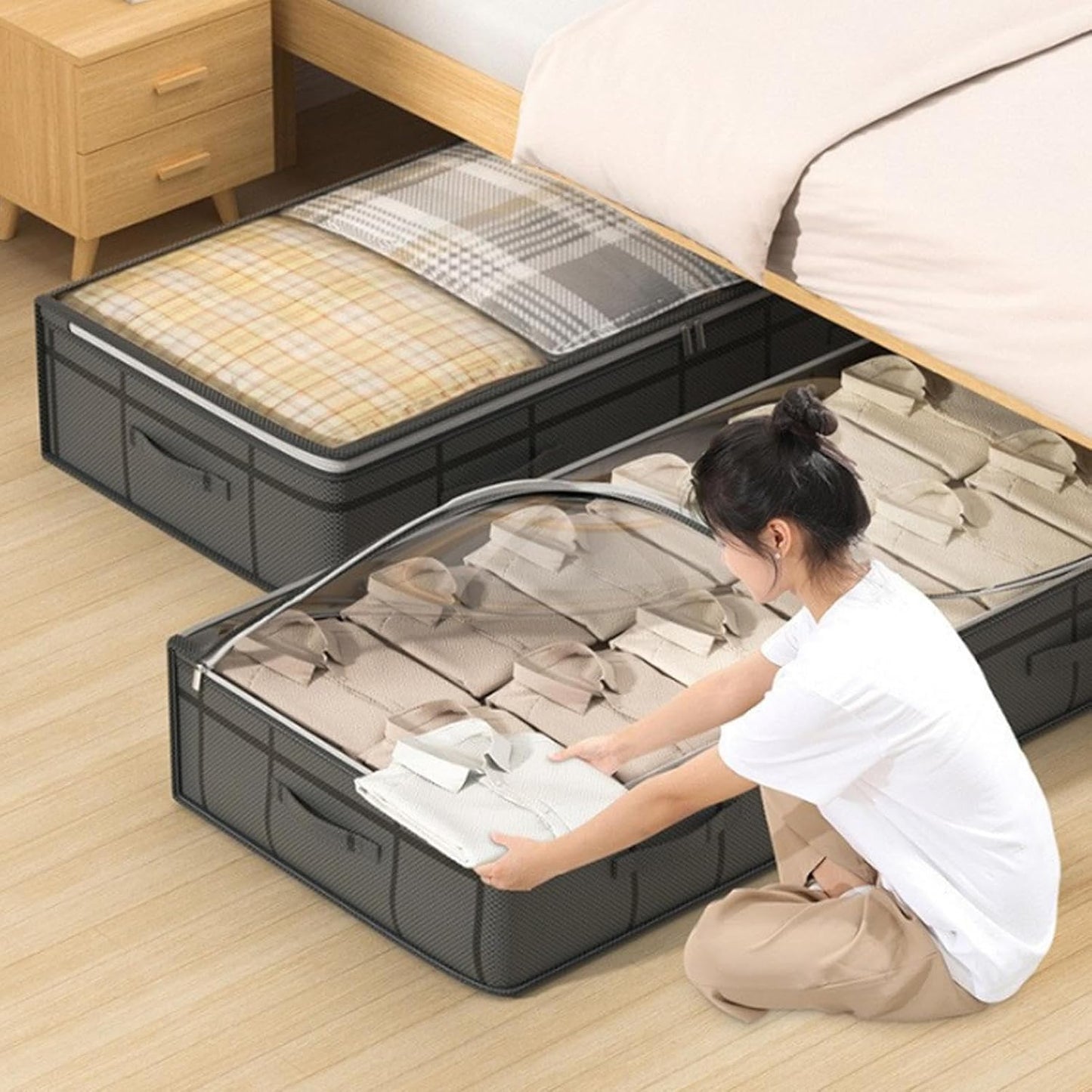 Under Bed Storage Bins - Spacious Clothing Organizer Drawer, Foldable Fabric Holder, Low Profile Blanket Box, Clear Top Access | Practical Dorm for Bedroom Apartment Closet Use