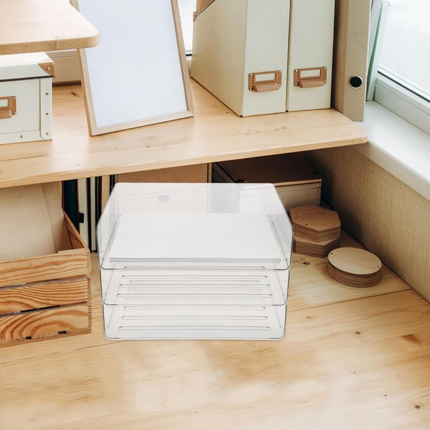 Stackable Paper Tray Organizer for Desk Wide Letter File Holder Transparent Desktop Storage Rack for Office Documents Mail and Stationery Management