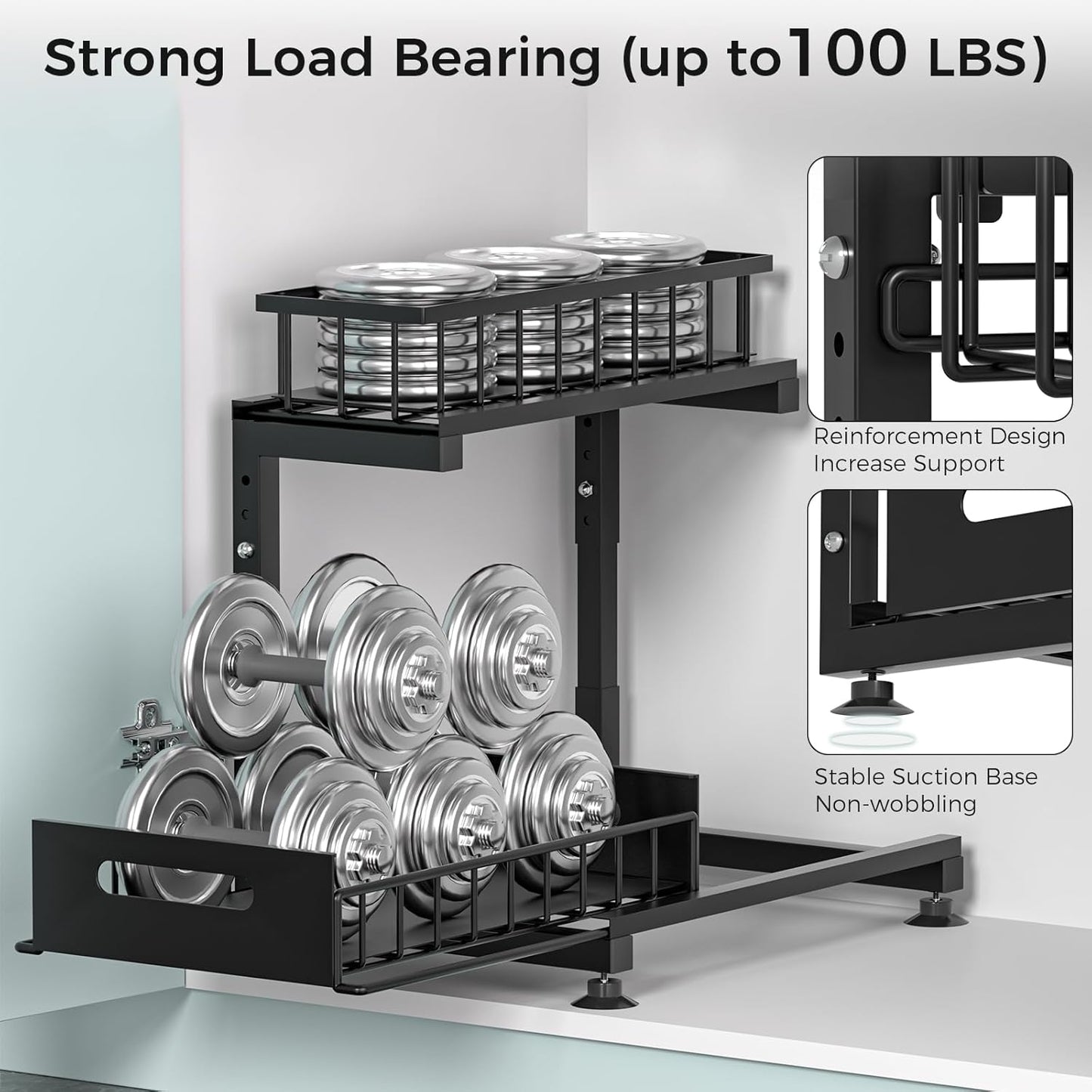 Under Sink Organizer, 2-Tier Pull Out Cabinet Drawer with Adjustable Height 13.7-17.1", Kitchen Bathroom Storage Rack, Heavy Duty Metal Sliding Basket Shelf