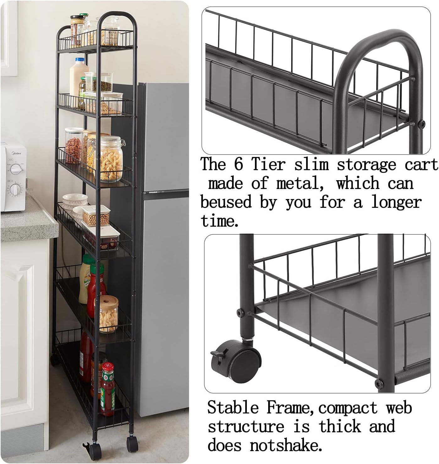 6 Tier 10in Slim Rolling Storage Cart with Handle, Mobile Shelving Unit with Wheels, Metal Wire Storage Rack with Baskets for Kitchen Bathroom Office Laundry Narrow Piaces