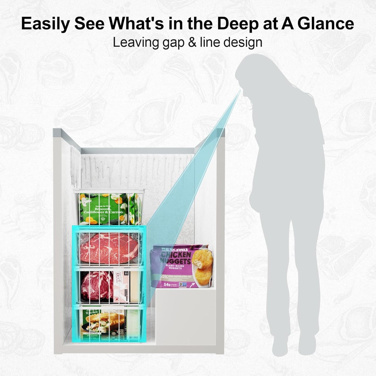 iSPECLE Freezer Organizer Bins - 4 Pack Stackable Chest Freezer Organizer for 5 Cu Ft Deep Freezer Sort Frozen Food, Deep Freezer Organizer Bins Easy to Get Food from Bottom without Digging, White