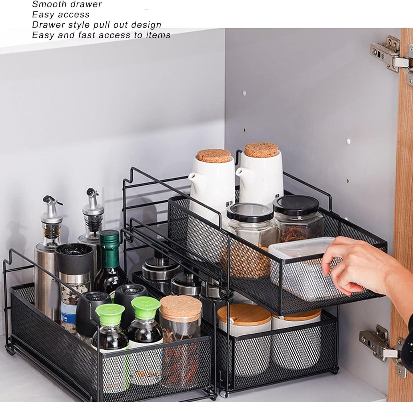 Cupboard Organiser, 2 Tier Under Sink Storage Organiser, Kitchen Storage Drawer Basket Rack Multilayer Kitchen Shelf Sliding Under Sink Drawer