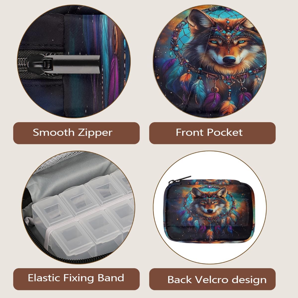 Majestic Wolf Dreamcatcher Pill Organizer Travel Medicine Case with Zipper Daily Vitamin Storage Bag Portable 8 Slot Weekly Pill Box Supplement Holder for Home Office Gym Travel
