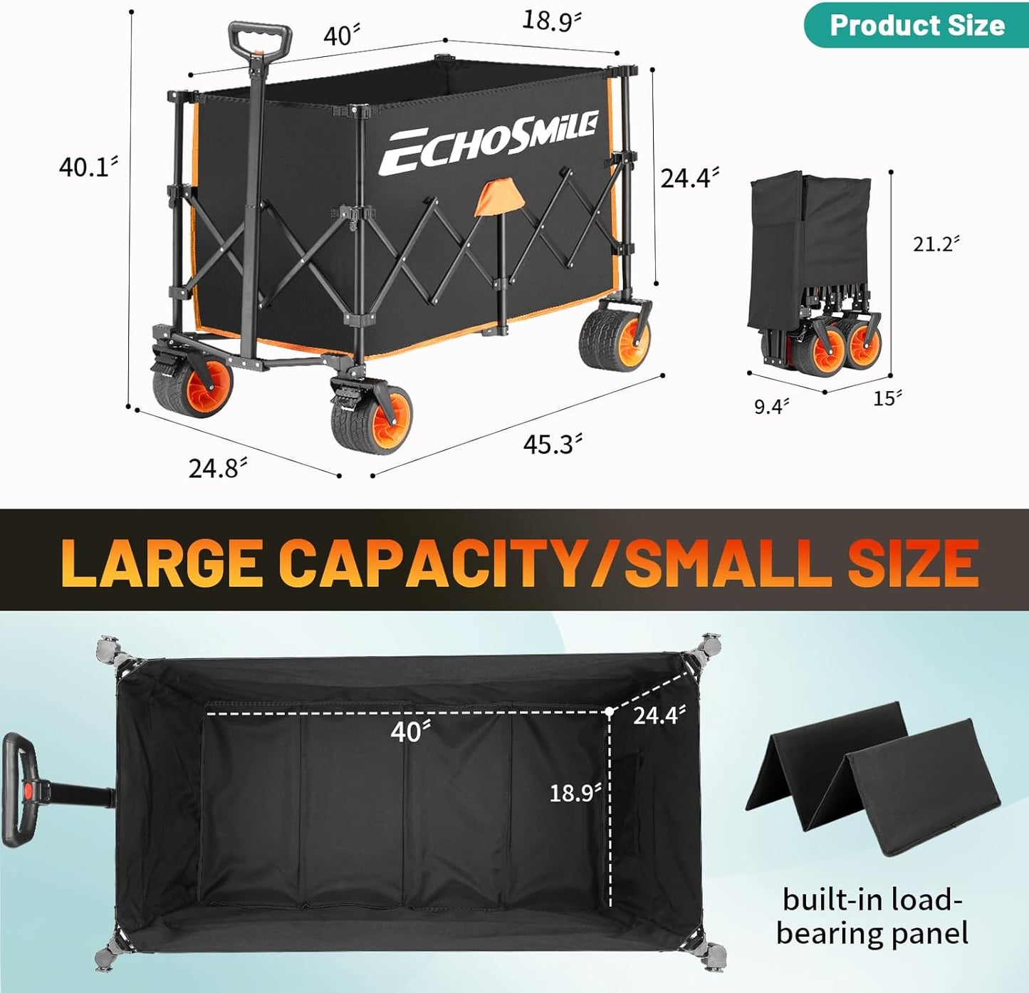 EchoSmile Collapsible Foldable Extended Wagon with 500lbs Weight Capacity, 300L Folding Utility Wagon Cart with Big All-Terrain Wheels for Beach,Sport,Gargen&Grocery,Black & Orange