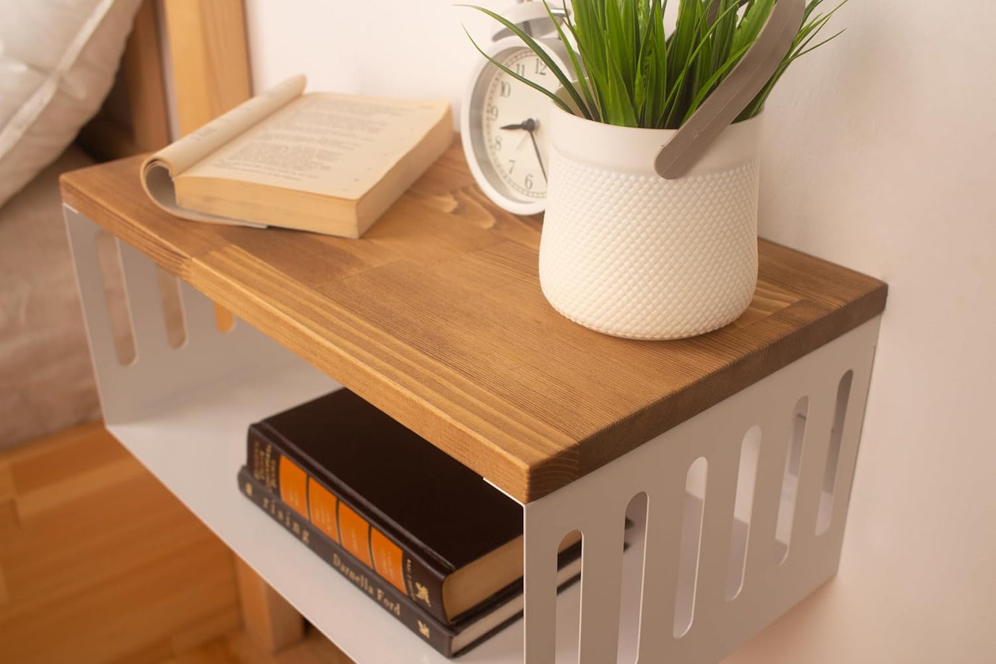 Floating Nightstand with White Metal Base, Wooden Top and Sturdy Metal Base, Minimalist Bedside Table, Wall Mounted Shelf, Bedside Shelf (Capetown)