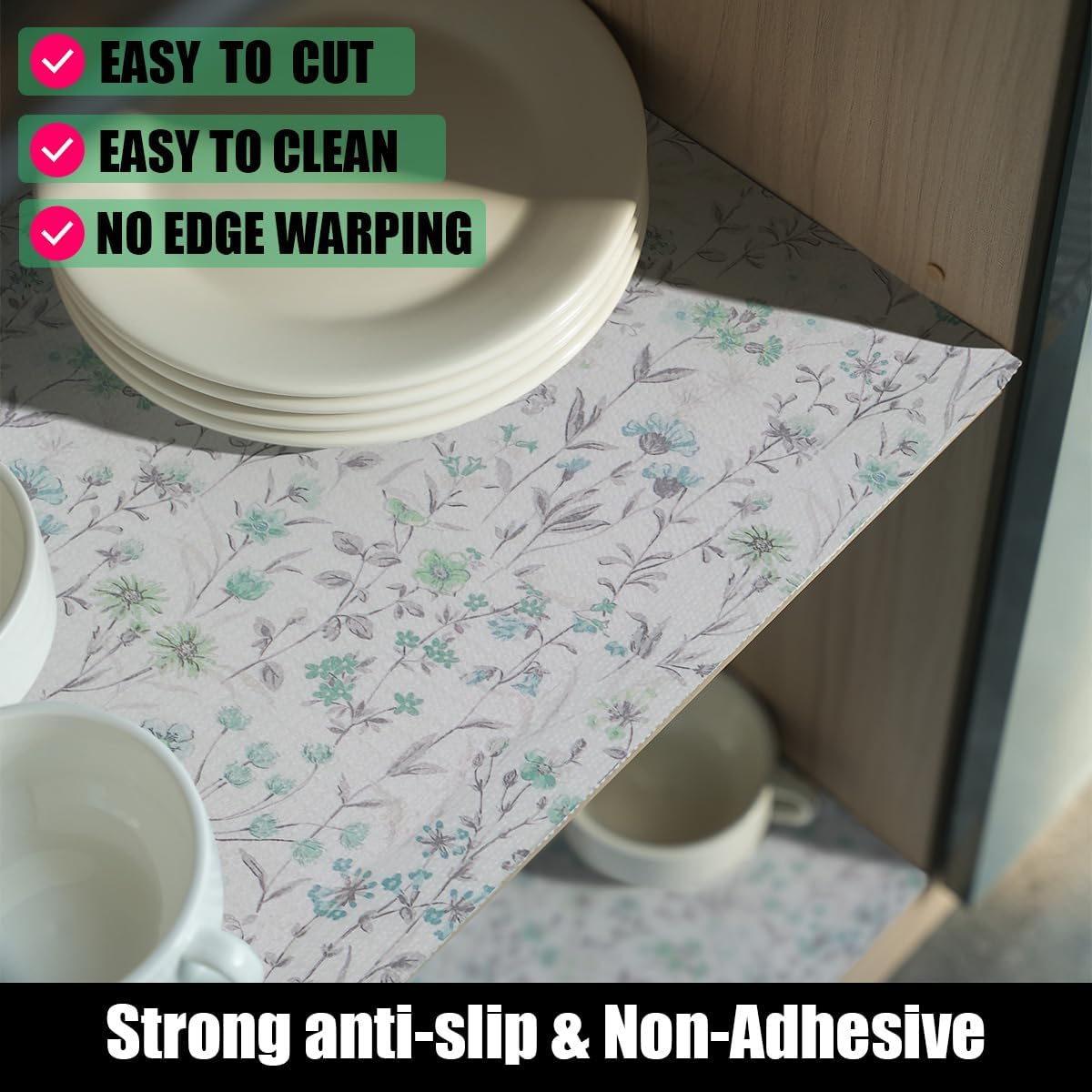 Blue and Green Floral Shelf Liners Non Adhesive and 12IN x 20FT Strong Non-Slip Shelf and Drawer Liners for Kitchen Cabinet Wire Fridge, Waterproof Shelf Drawer Liner,Easy to Clean