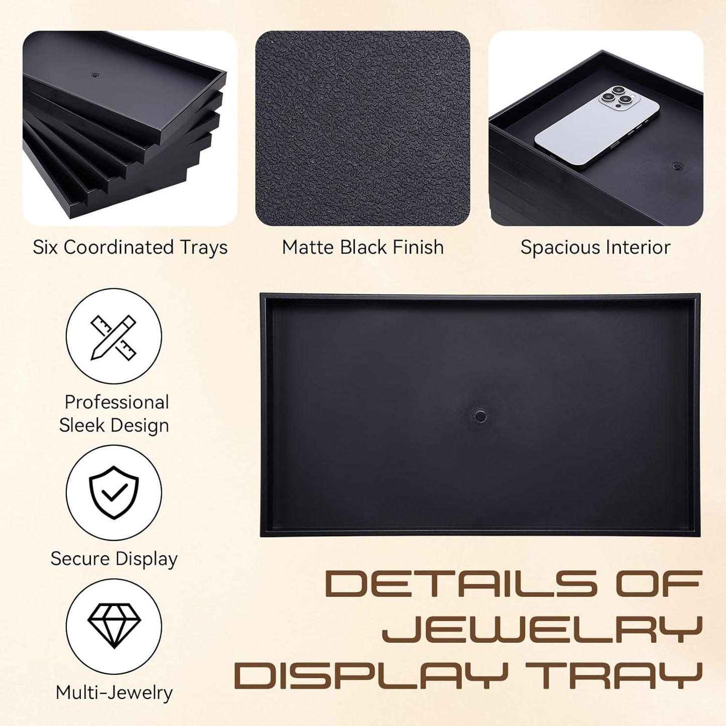 LemonRoad 6 Pack Plastic Jewelry Tray Stackable Black Jewelry Display Drawer Inserts Organizer for Ring Necklace Earring Bracelets Showcase Display for Women Her
