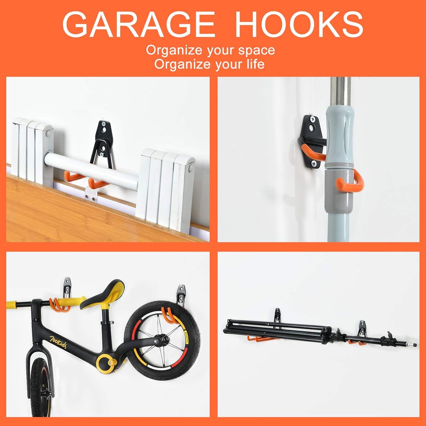 AOBEN Garage Hooks Heavy Duty, Steel Garage Storage Hooks, Utility Tool Hangers and Combinable Wall Mount Garage Hooks for Organizing Ladders, Bikes, Hoses, and More Equipment (Small J, 4 Pack)
