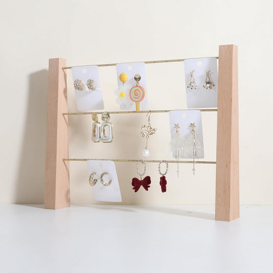 GemeShou 3 Tiers Beech Earring display stands for selling, Wooden Jewelry Shelf, Earring Storage Organizer, Brass earring holders with 42 holes for stud Dangle Hoop【Beech 3-Tier】