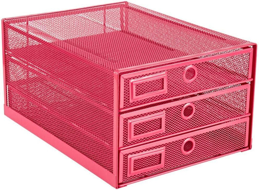 Annova Desk Organizer Wire Mesh 3 Tier Sliding Drawers Paper Sorter/Multifunctional/Premium Solid Construction for Letters, Documents, Mail, Files, Paper, Kids' Art Supplies (Pink)