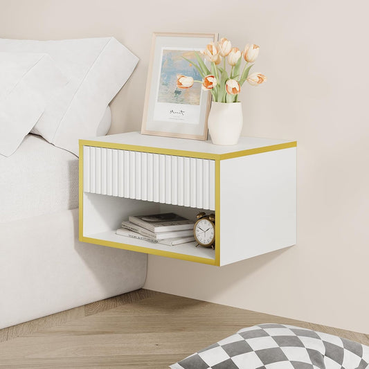 4ever2buy Floating Nightstand with Fluted Drawer, Modern Wall Mounted Nightstand with Open Shelf, White and Gold Night Stand for Bedroom, White