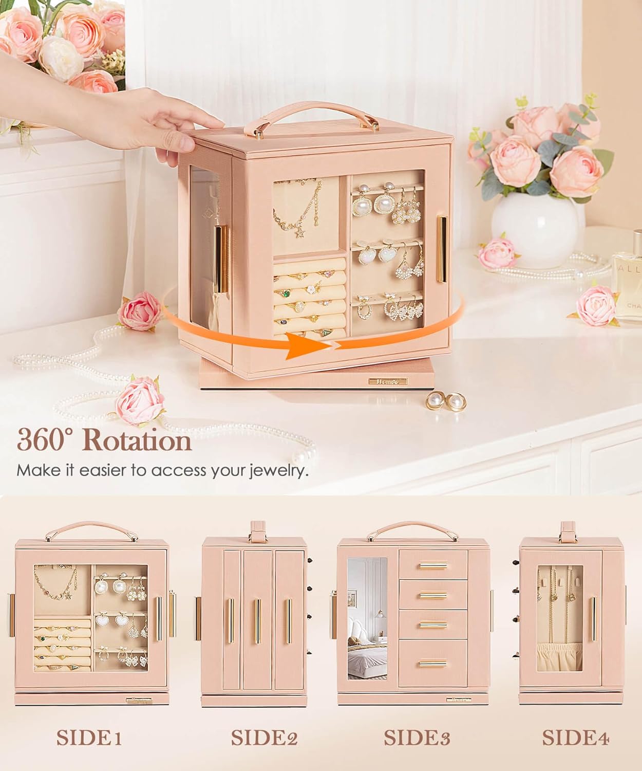 Homde Christmas Gifts Jewelry Box 360° Rotating, Necklace Earring Organizer with Transparent Window, Mirror, 7 Drawers, Large Ring Display Storage Case for Girls Women (Peach Pink)