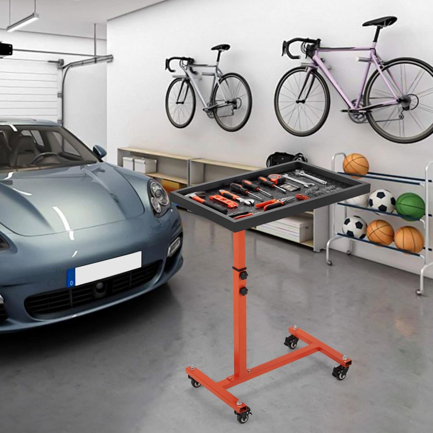 Adjustable Work Table with Wheels, Mechanic Rolling Tool Tray Table for Garage Repair Shops DIY, 220LBS Capacity Mobile Heavy Duty Steel Tool Cart (Orange)