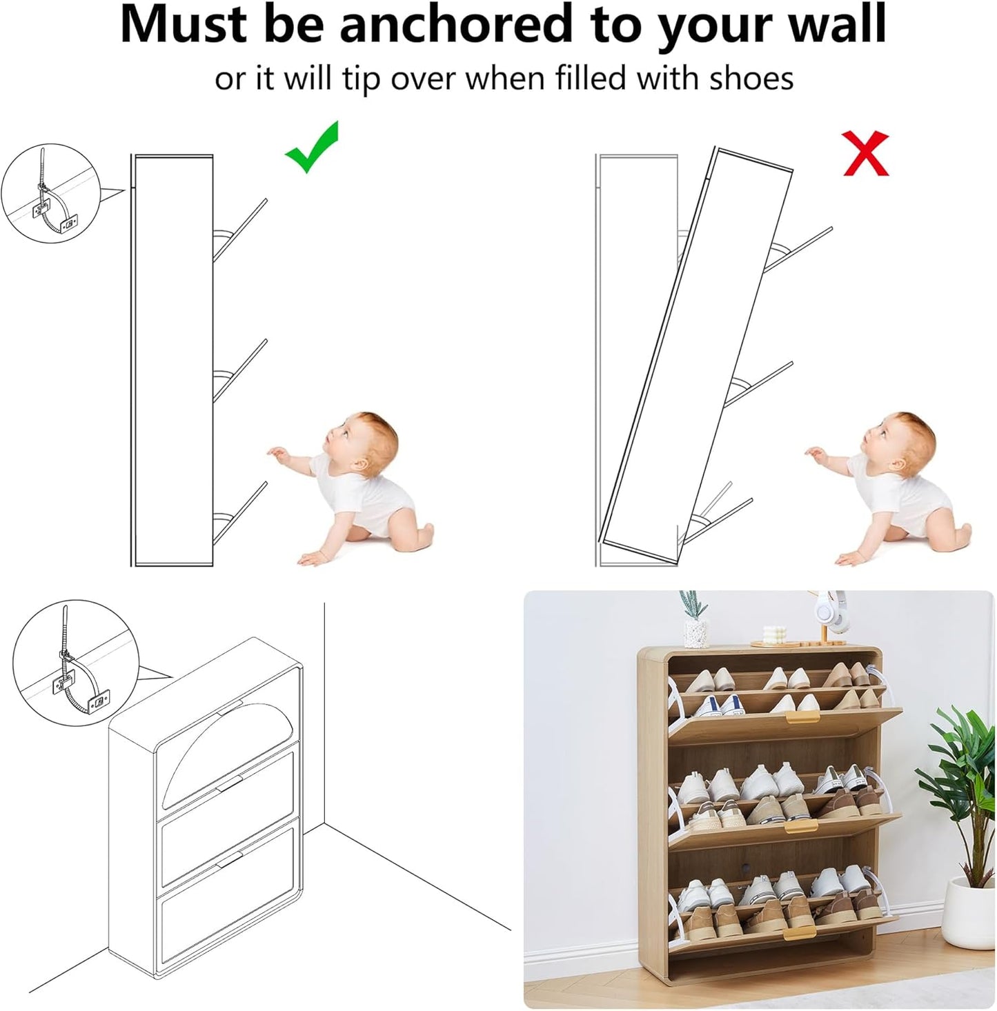 Hidden Shoe Cabinet with Drawer, Free Standing Narrow Shoe Rack Cabinet for Entryway Slim, 3 Flip Drawer Shoe Storage Organizer Cabinet for Entry,Hallway,Door,Dorm,Small Spaces - Natural