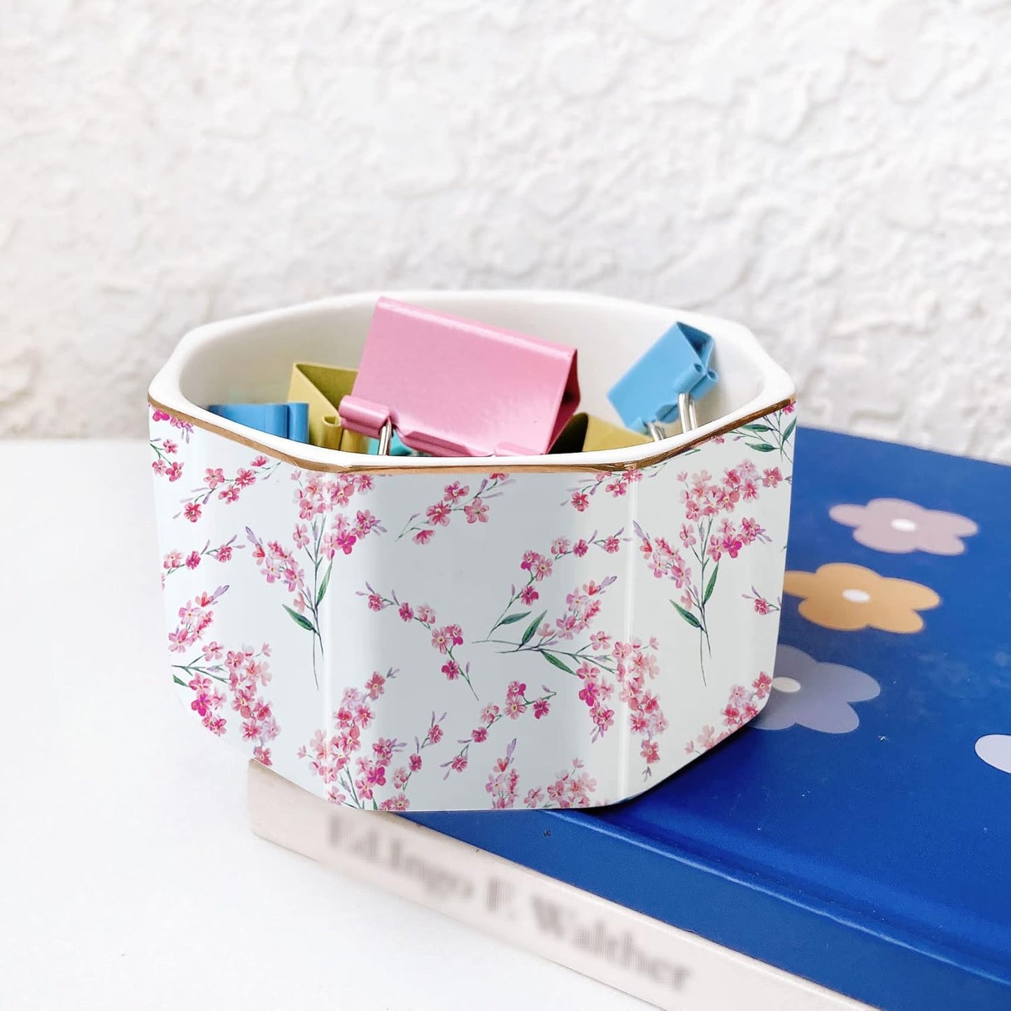 Ceramic Paper Clip Holder Gold Line Paper Clip Dispenser Organizer for Desk Cute Floral Pattern Office Binder Clip Holder Bobby Pin and Hair Clip Holder Gift for Office Pink Flowers