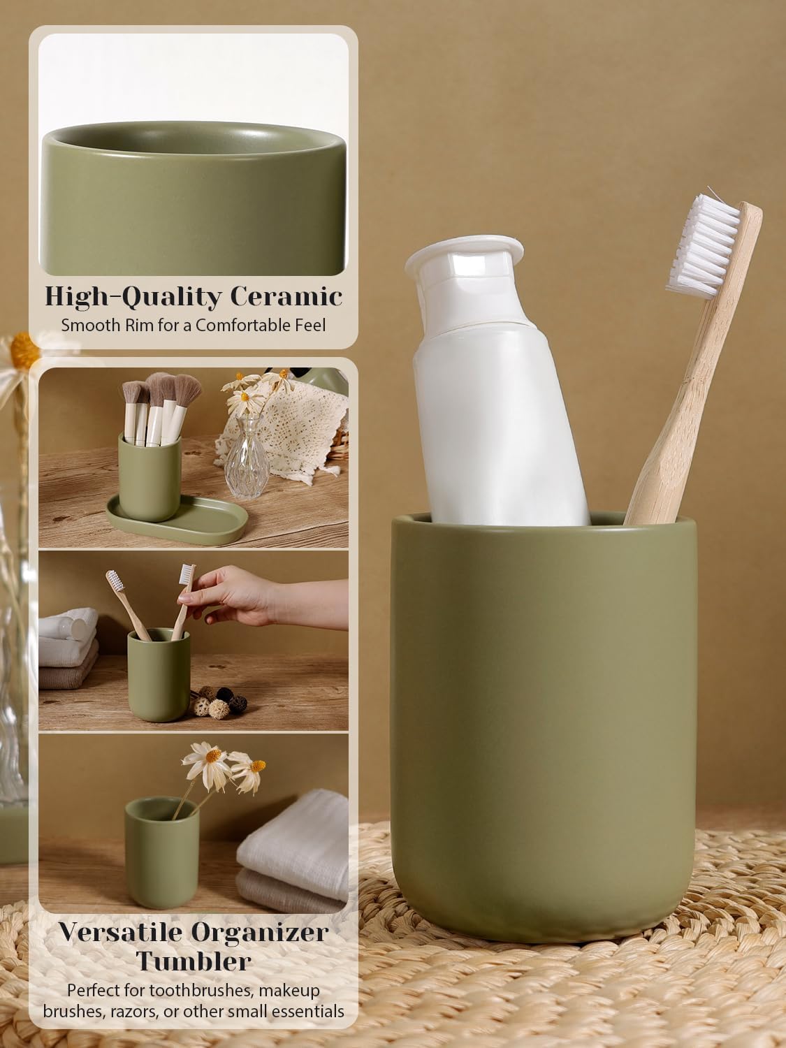 INGOFIN 3 Pcs Ceramic Bathroom Accessory Set - Liquid Soap Dispenser, Toothbrush Holder & Tray, Bathroom Counter Set, Countertop Essentials for Home, Guest Bathroom, or Office Use, Dark Green
