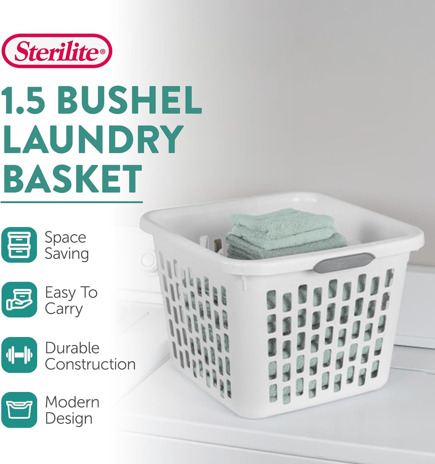 Sterilite Laundry Basket, Plastic Clothes Hamper, Large Square Bin with Comfort Grip Handles and Reinforced Rim, 1.5 Bushel Capacity, White, 18 Pack