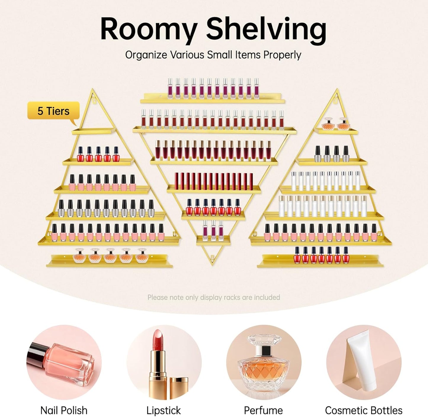 Elegant Gold Wall Mounted Nail Polish Rack - Set of 6 Triangular Cosmetic Display Shelves for Essential Oil Bottles, Organize Your Lipsticks and Perfumes in Style at Home or Salon (Gold)