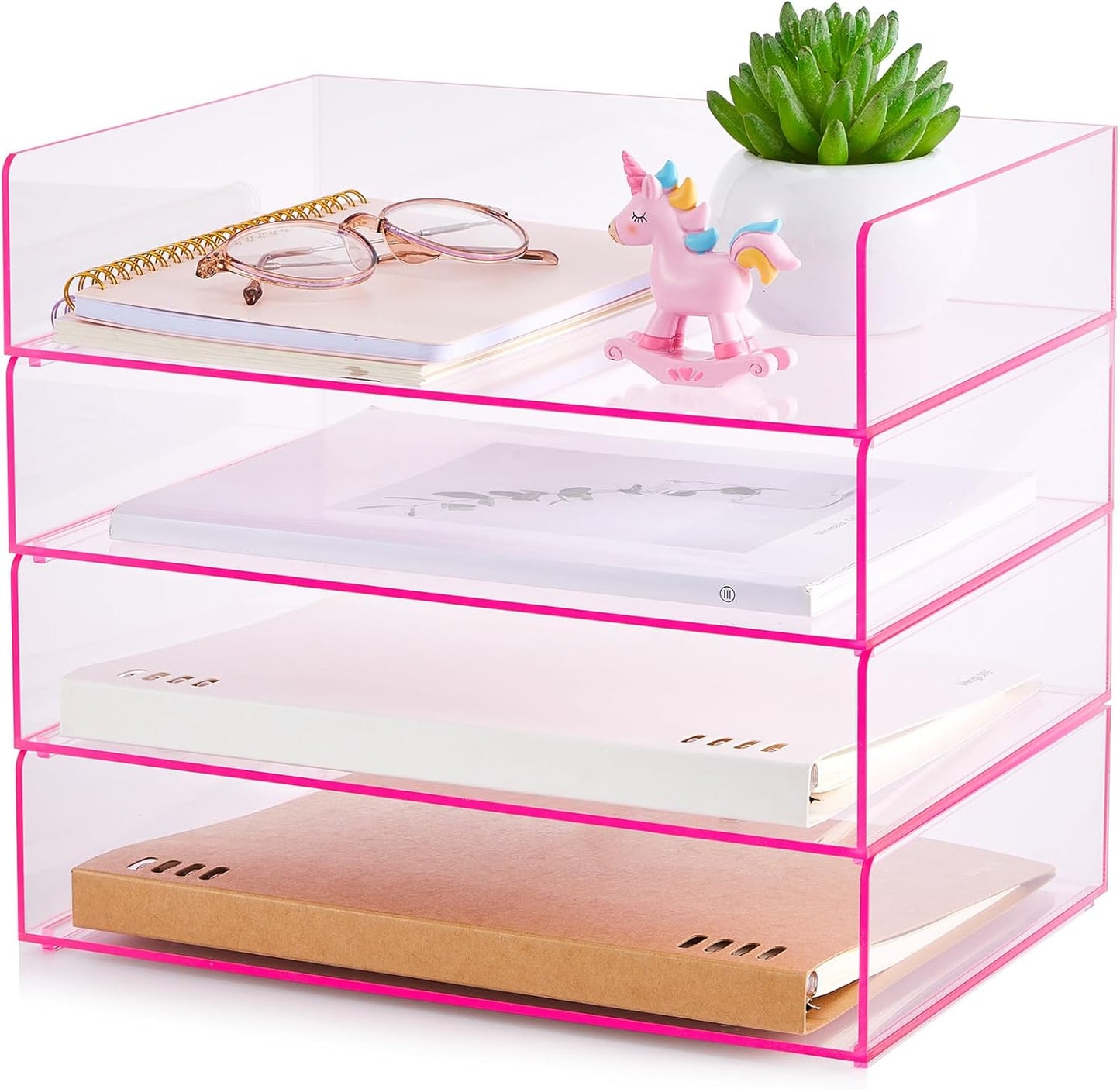 Harloon 4 Tier Acrylic Paper Tray 12.4 x 8.7 x 2.7 Inches Stackable Letter Clear Organizer No Need to Assemble Acrylic Paper Organizer File Tray for Office Workspace Desktop Storage(Transparent Pink)