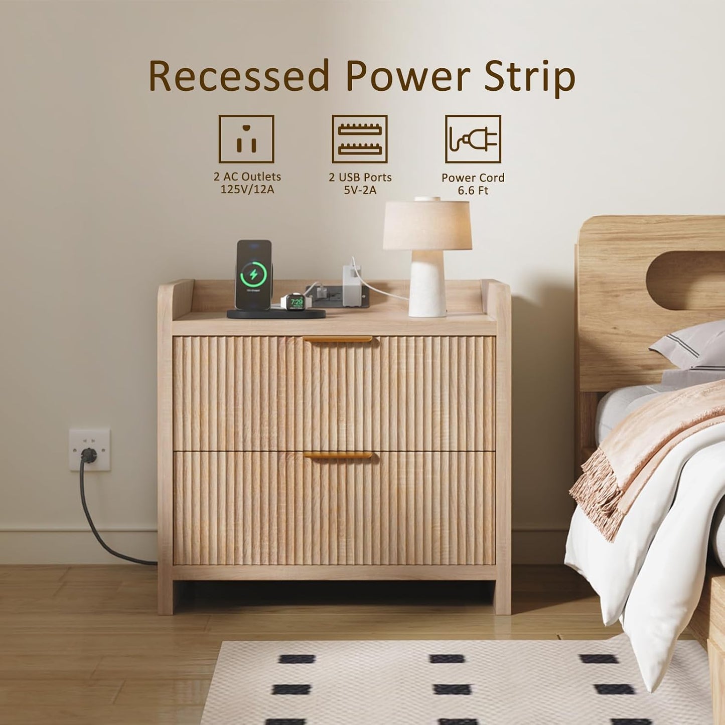 Fluted Nightstand Set of 2, 23.6" Night Stand with Charging Station,Modern Side Table with 2 Drawers,Bedside Table for Bedroom,Living Room,Natural Oak