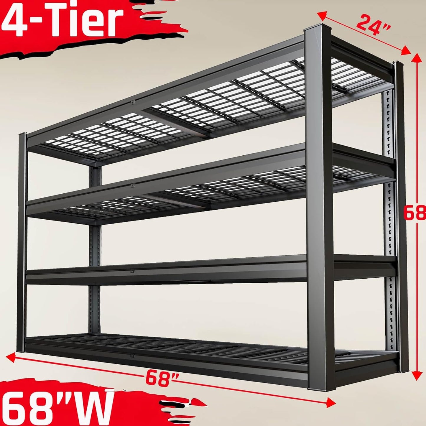 68" Wide Heavy Duty Garage Shelving Units, 4-Tier Deep Storage Shelves,Black Metal Garage Shelves,Steel Shelf,Large Storage Rack,Industrial Shelving for Shop, 68" W x 24" D x 68" H,2 Pack