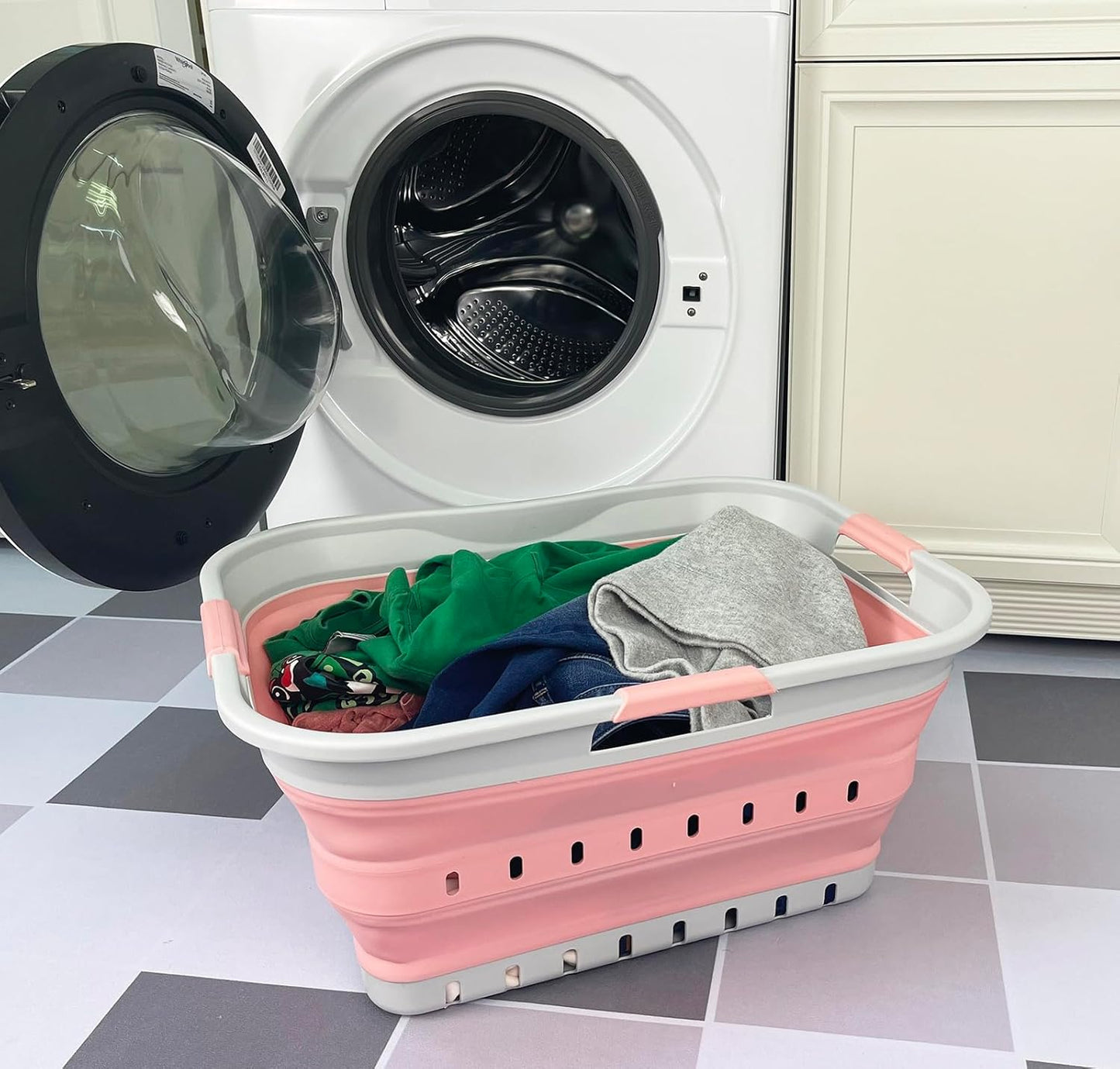 SAMMART 42L (11 gallon) Collapsible Plastic Laundry Basket - Foldable Pop Up Storage Container/Organizer - Space Saving Hamper/Basket (Grey/Quartz Pink)