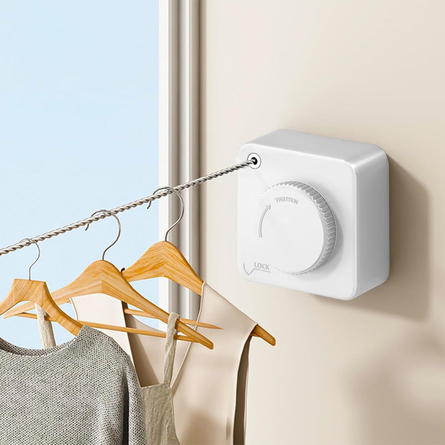 Retractable Clothesline Indoor, Non-Sagging Outdoor Clothes Drying Line Retracting Heavy Duty Clothes Drying Laundry Line Wall Mounted Stainless Steel Line - 15.6 Feet (Square White)