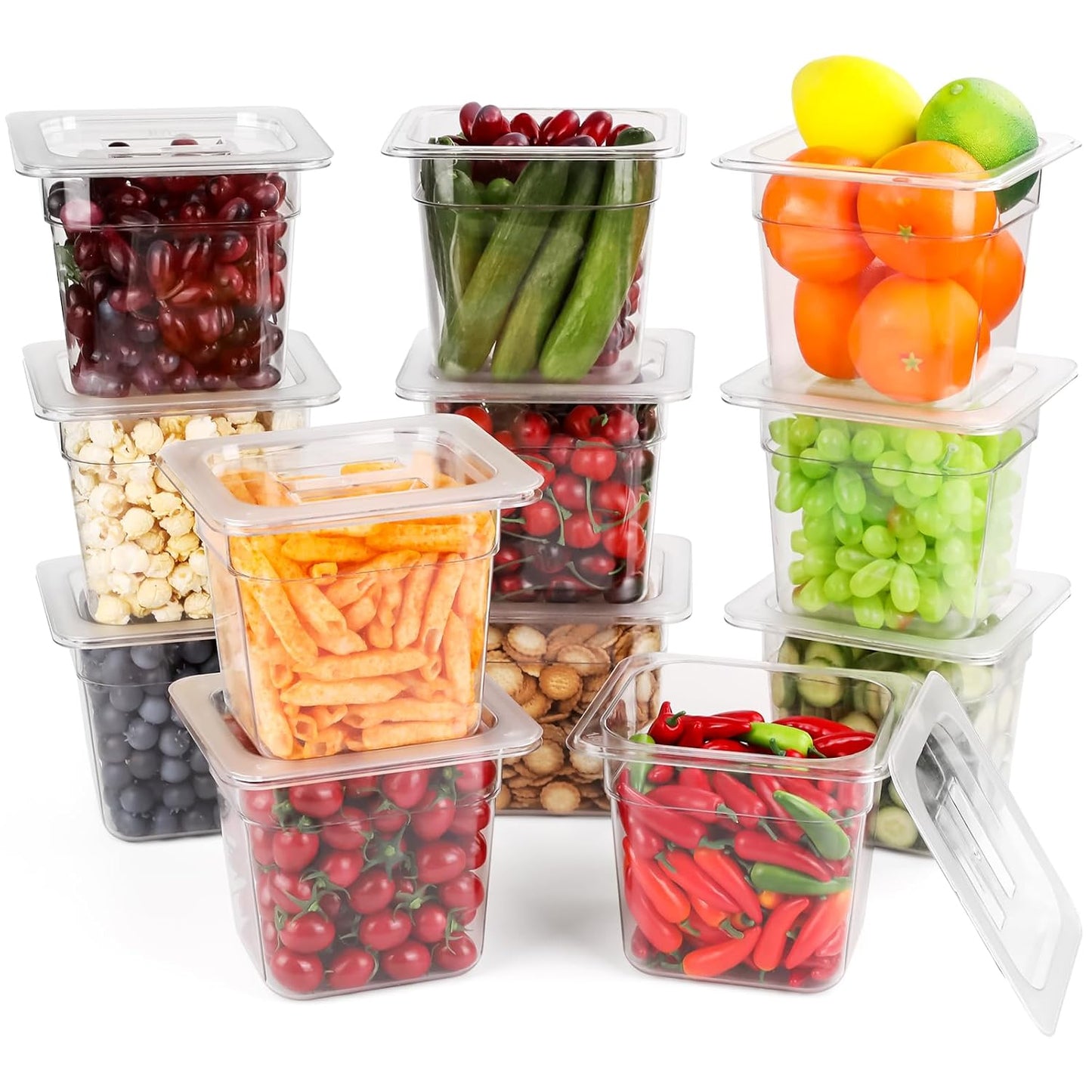 VOISEN 12 Pack Plastic Food Pan with Lids 1/6 Size 6 Inch Deep Commercial Food Storage Containers for Fridge Salad Fruits Vegetables Clear Restaurant Polycarbonate