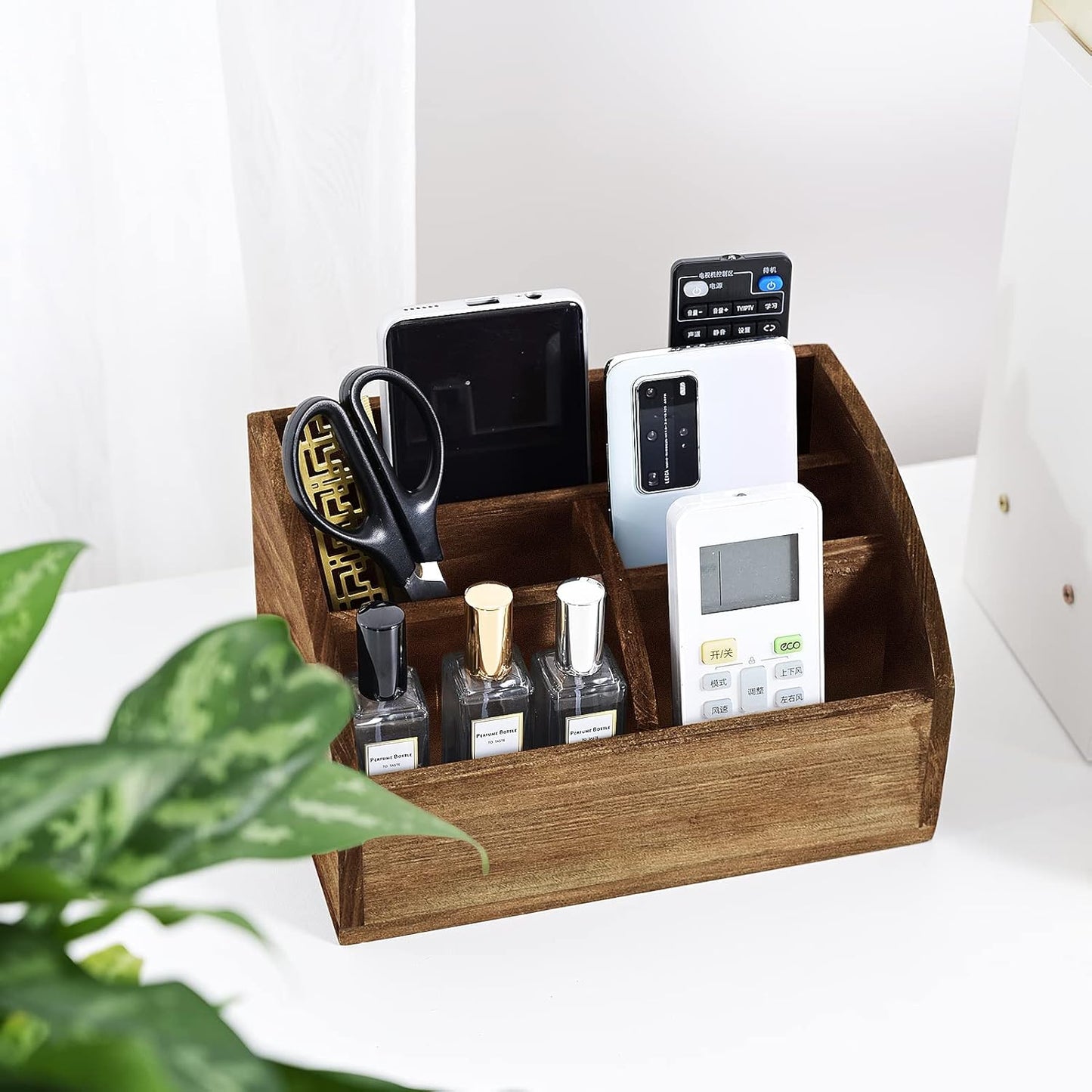 OKSQW Wooden Desk Organizer, Solid Wood Pen Holder for Desktop Organizer, No Need Assembly, Home Office Supplies Workspace Organizers Mail Holder Remote Control Countertop Storage Box