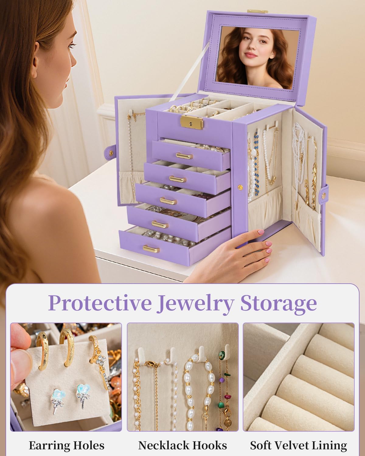 TORIBIO Large Jewelry Box for Women, Leather Jewelry Organizer with Mirror & Lock, 6-Tier Jewelry Storage Case for Girls/Women/Mothers, Necklace Earring Bracelets Holder Organizer