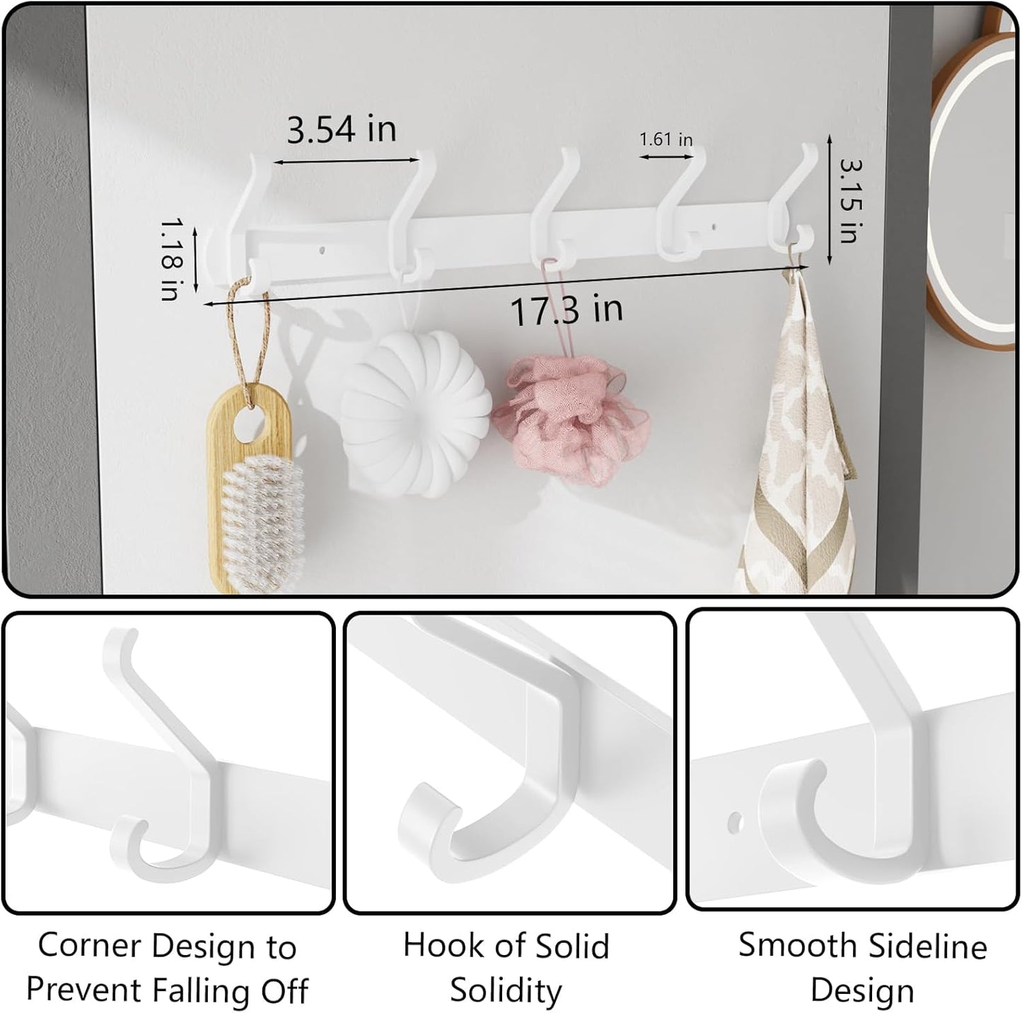 Coat Rack Wall Mount,17.3 in Wall Hooks for Hanging, Coat Hanger Wall Mount Towel Rack Hat Rack for Wall with 5 Hooks for Entryway, Bedroom, Bathroom (White,5Hooks-2Pack)
