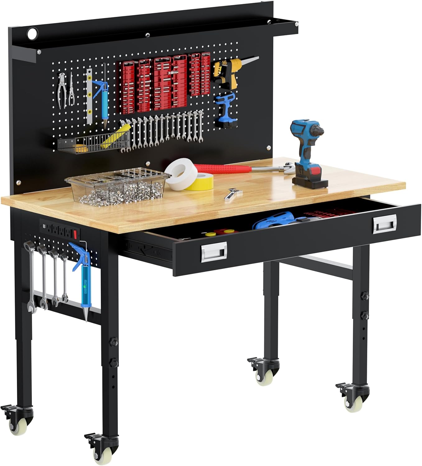 Betterhood 48" Heavy Duty Adjustable Workbench with Large Pegboard, Adjustable Work Table with Power Outlets & Lockable Wheels, Rubber Wood Workstation for Garage, Workshop, Office, Home, Commercial