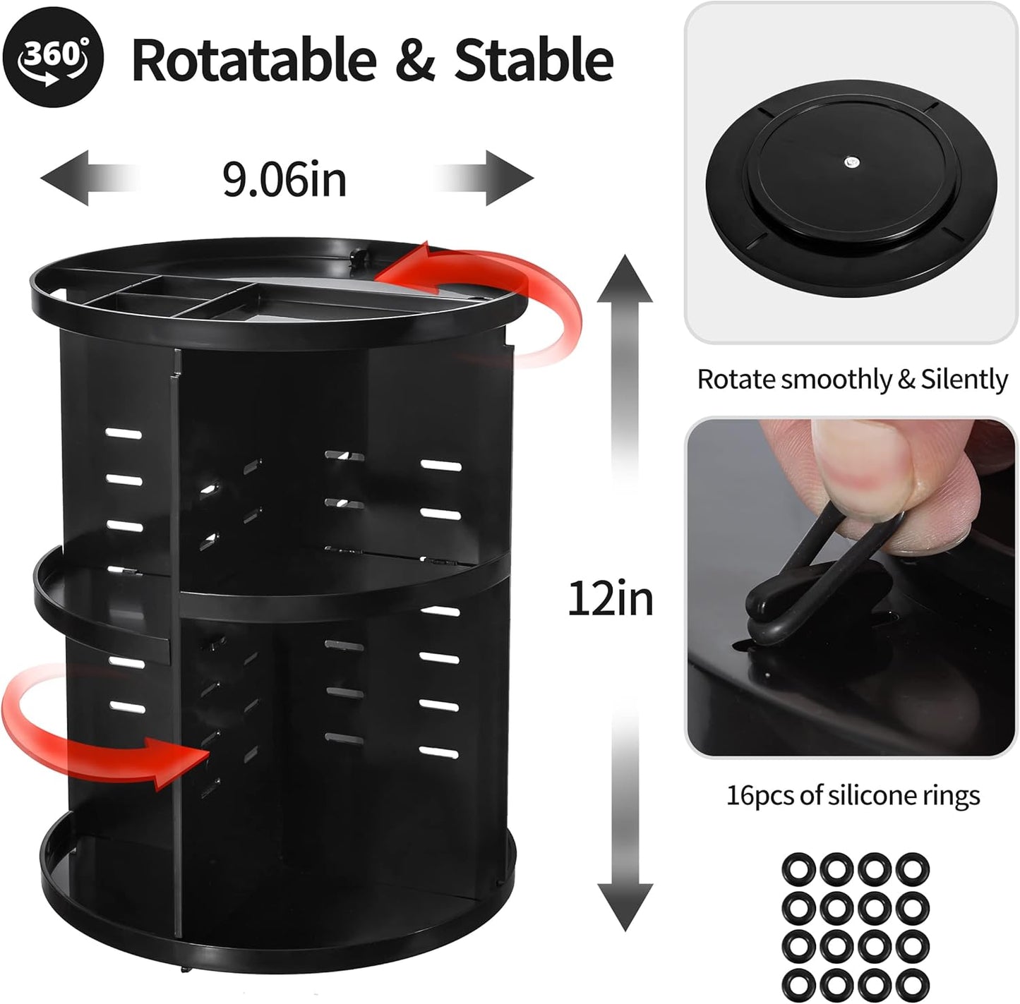 360 Rotating Makeup Organizer,DIY Adjustable Spinning Holder,Foldable Cosmetic Storage Display box,Large Capacity Make up Caddy Shelf,Fits Countertop Vanity and Bathroom (BLACK)