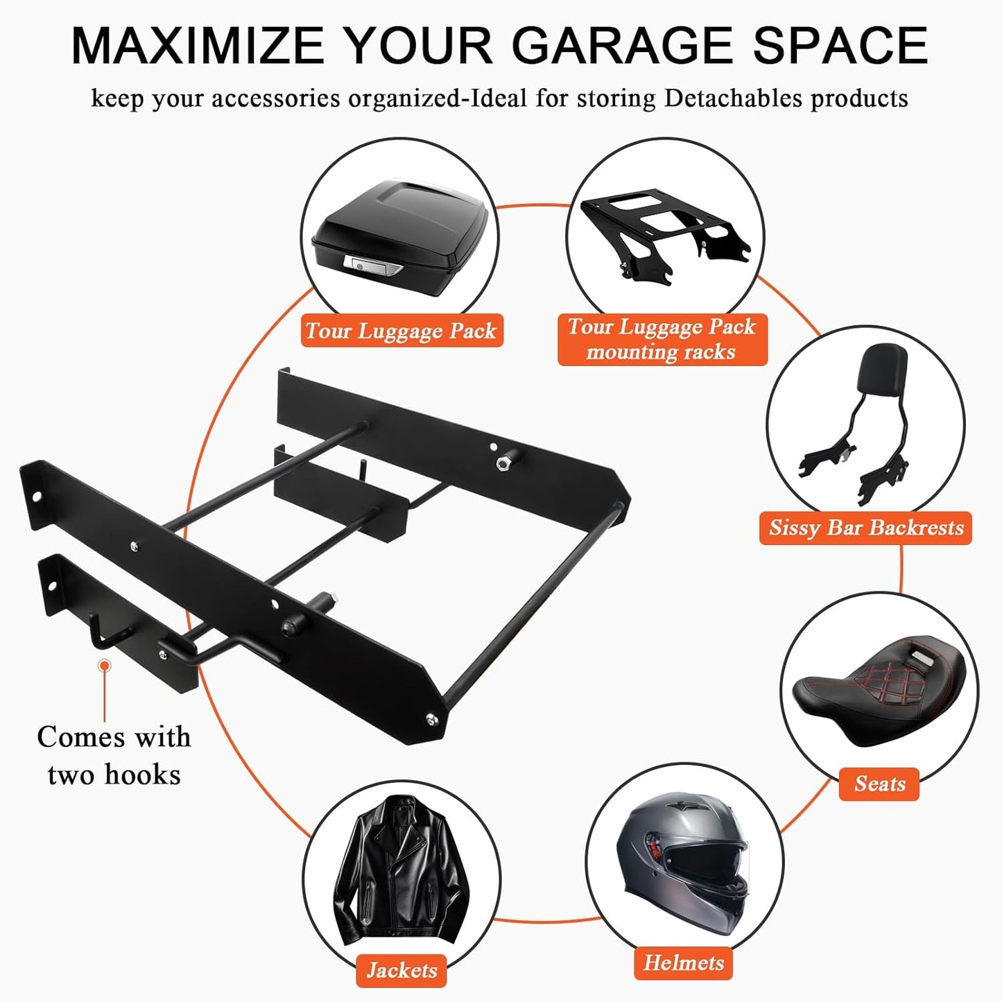 FOVPLUE Detach Depot Wall Storage Rack – Heavy-Duty Motorcycle Accessory Organizer for Harley Detachables Accessories,Tour Luggage Pack mounting racks,Sissy Bar Backrests,Luggage Racks,Seats,Helmets