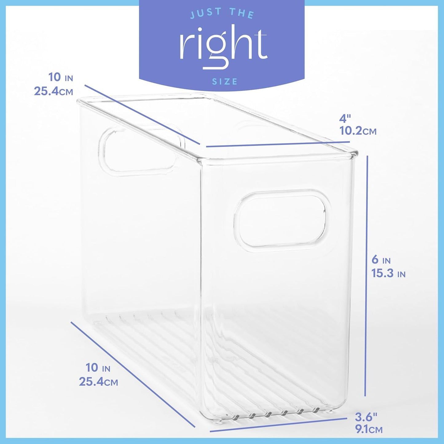 primebox Plastic Food Storage 6 Pack Clear Container Bin with Handles for Organizing Kitchen, Pantry, Refrigerator, Freezer, Pantry, Cabinet, Closet, Bathroom. 10”x4”x6”