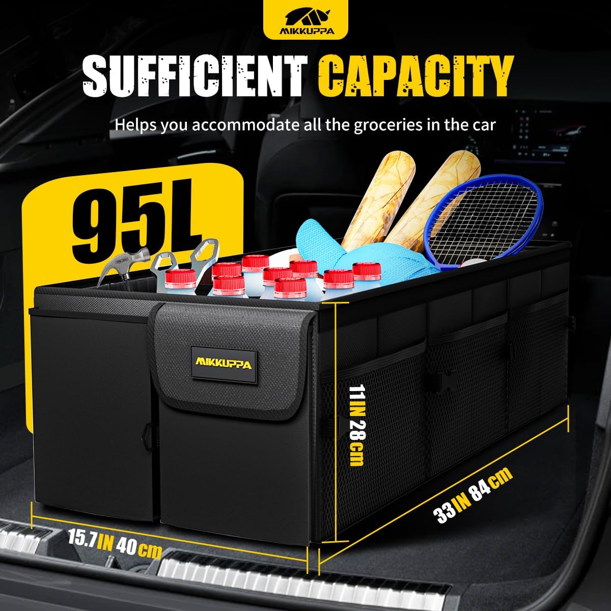 MIKKUPPA Car Trunk Organizer - 95L Collapsible Trunk Organizer with Lid, Sturdy Car Storage for SUV Auto Truck Van with Adjustable Straps and Non Slip Bottom (Black, X-Large)