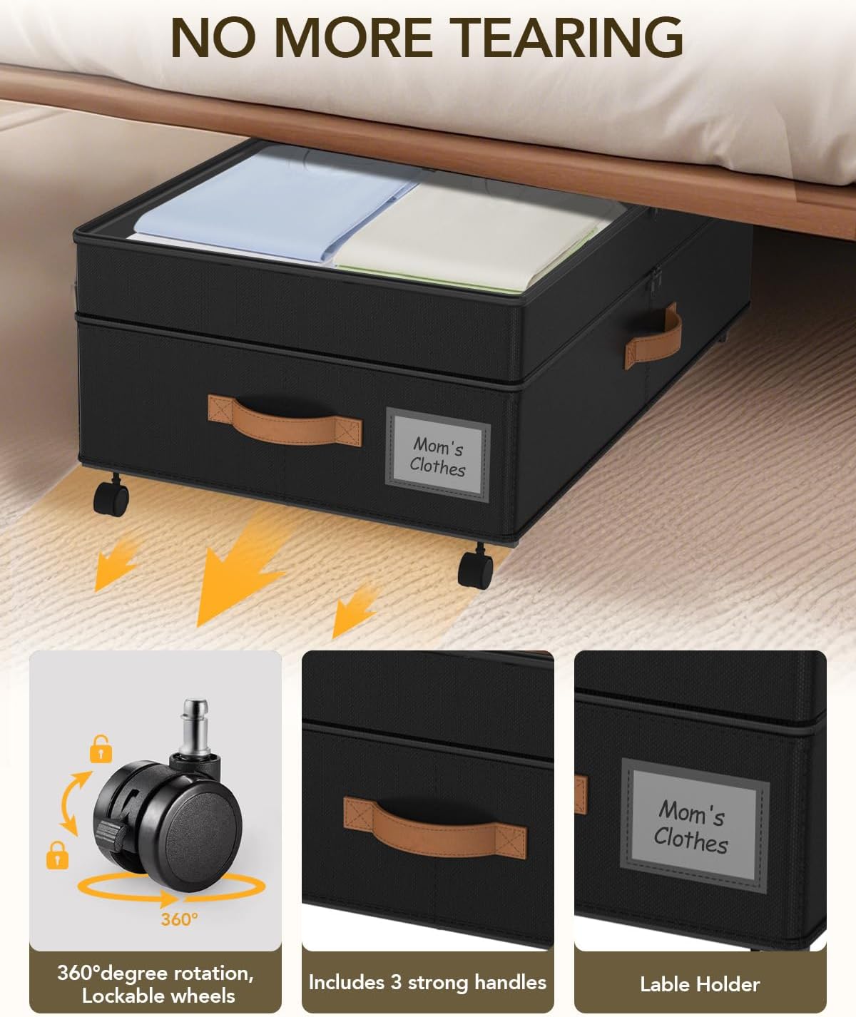 Under Bed Storage with Wheels, 10 inches Under Bed Storage Containers, 65L XXL Large Adjustable Underbed with Lids, Rolling Underbed Storage bins for Shoes, Clothes, Blankets, Black
