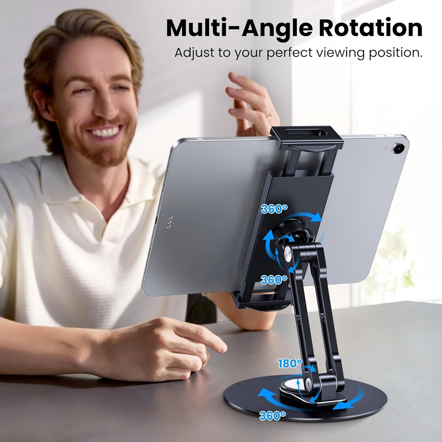 Tablet Stand Holder for iPad, Adjustable with 360 Rotating Base for Desk, Aluminum Swivel Tablet Stand Compatible with iPad Air, Mini, 10.2,9.7, Pro 11/13 and More