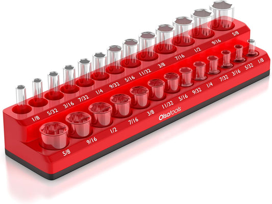 Olsa Tools Magnetic Socket Organizer | 1/4-inch Drive | SAE | RED | Holds 26 Sockets | Professional Quality Tools Organizer